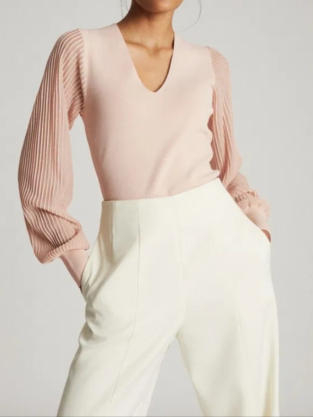 REISS Savannah V-Neck Sheer Pleated Sleeve Knit Top Blush Pink Size S Women's